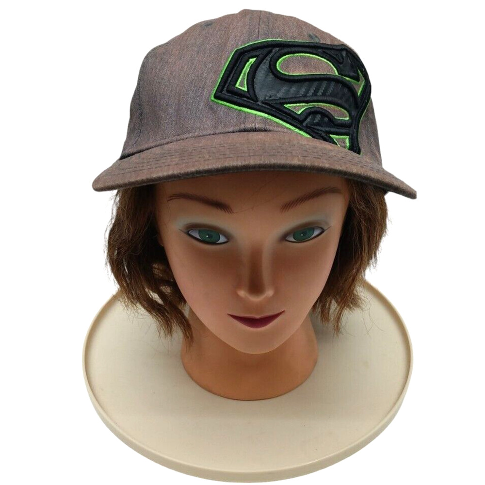 Superman Distressed Hat Logo‎ Mens One Size Flex Cap Gray Green Trim +Embroidery